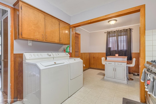 4536 W 79th Pl, Chicago, IL 60652 - laundry room with wainscoting, washing machine and clothes dryer, wood walls, crown molding, and cabinet space