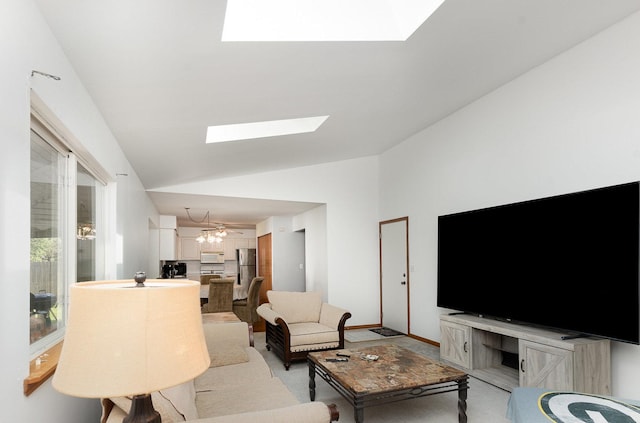 26244 S Cherry Ln, Monee, IL 60449 - living room featuring a skylight, lofted ceiling, baseboards, and light carpet