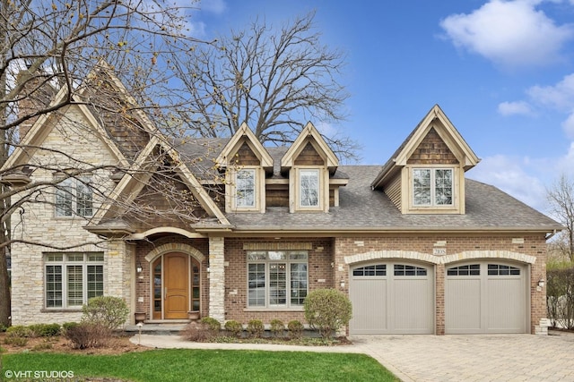 210 S Prospect St, Clarendon Hills, IL 60514 - view of front facade featuring brick siding, a garage, a shingled roof, and driveway