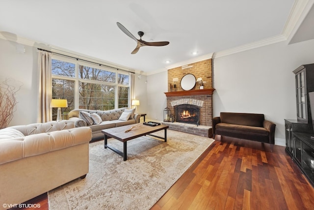 210 S Prospect St, Clarendon Hills, IL 60514 - living area with ceiling fan, ornamental molding, wood-type flooring, a fireplace, and baseboards