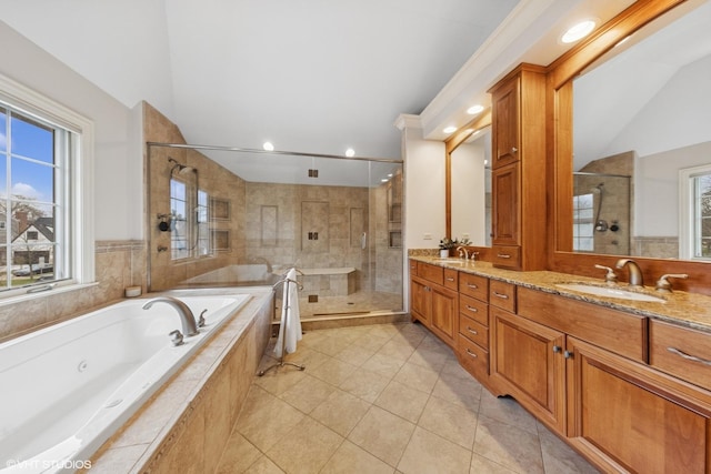 210 S Prospect St, Clarendon Hills, IL 60514 - full bath featuring a shower stall, double vanity, a jetted tub, tile patterned floors, and recessed lighting