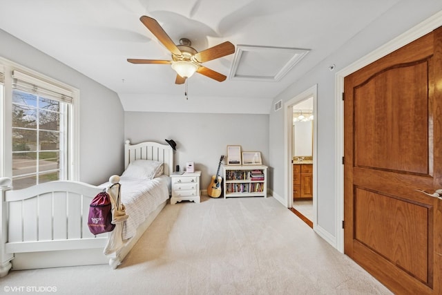 210 S Prospect St, Clarendon Hills, IL 60514 - carpeted bedroom featuring ceiling fan, ensuite bath, and attic access