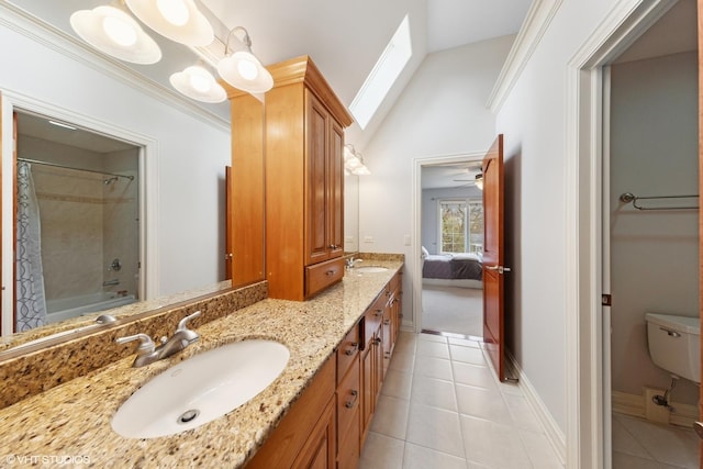 210 S Prospect St, Clarendon Hills, IL 60514 - ensuite bathroom with vaulted ceiling, tile patterned flooring, double vanity, toilet, and baseboards