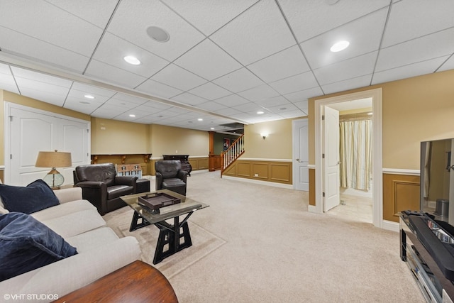 210 S Prospect St, Clarendon Hills, IL 60514 - living room featuring stairs, light colored carpet, wainscoting, a drop ceiling, and recessed lighting