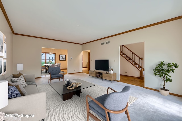 1574 Crowfoot Cir, Hoffman Estates, IL 60169 - living room with light colored carpet, ornamental molding, stairway, and baseboards
