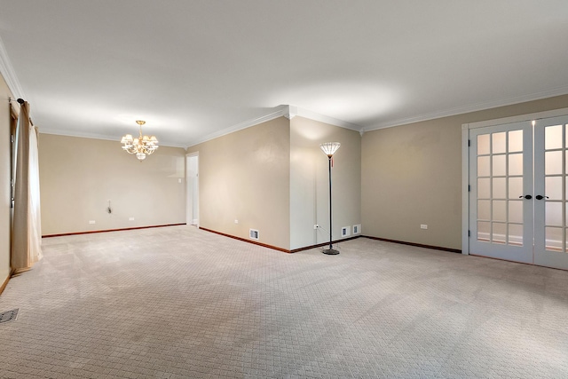 8144 Bunker Dr, Orland Park, IL 60462 - empty room featuring crown molding, a chandelier, carpet flooring, baseboards, and french doors