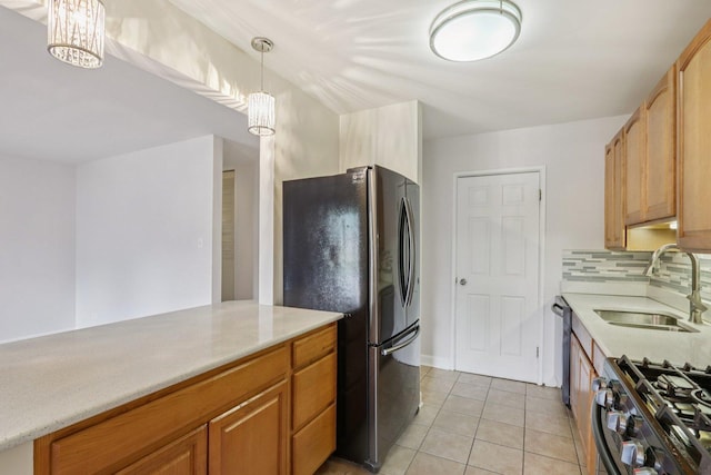461 N Jonathan Dr Unit 104, Palatine, IL 60074 - kitchen featuring freestanding refrigerator, light tile patterned flooring, backsplash, stainless steel gas range oven, and a chandelier