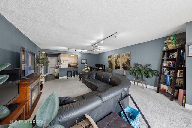 10 E Ontario St Unit 1303, Chicago, IL 60611 - living area with light carpet, a textured ceiling, baseboards, and track lighting