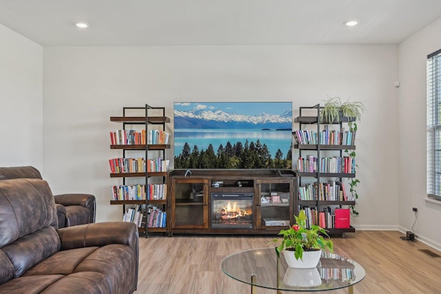 1486 Keller St, Elburn, IL 60119 - living room featuring wood finished floors, baseboards, plenty of natural light, recessed lighting, and a glass covered fireplace