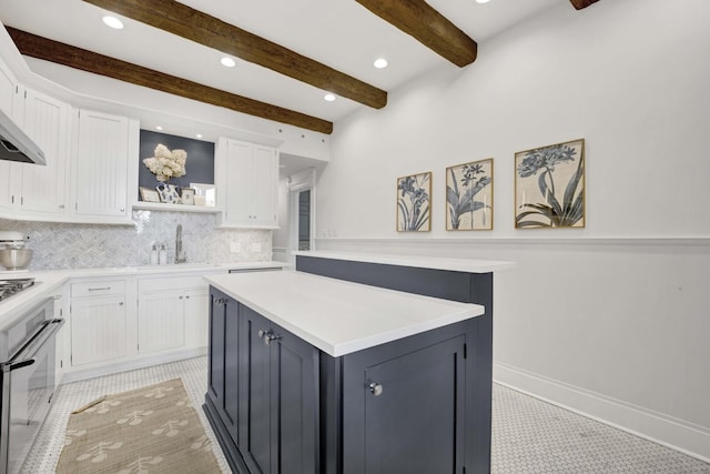 1814 N Lincoln Park W Unit 3, Chicago, IL 60614 - kitchen featuring white cabinetry, a sink, wall oven, backsplash, and beamed ceiling