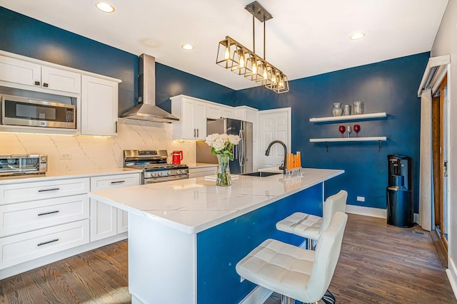 971 Heathrow Ln, Naperville, IL 60540 - kitchen with wall chimney range hood, appliances with stainless steel finishes, a sink, dark wood-style flooring, and backsplash