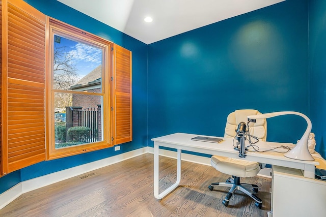 971 Heathrow Ln, Naperville, IL 60540 - unfurnished office with baseboards, wood finished floors, and recessed lighting
