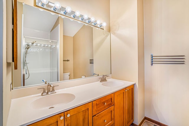 971 Heathrow Ln, Naperville, IL 60540 - bathroom featuring toilet, an enclosed shower, and double vanity