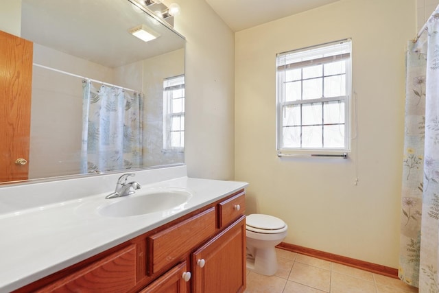 1622 Evergreen Ave, Crown Point, IN 46307 - bathroom with tile patterned flooring, toilet, vanity, baseboards, and curtained shower