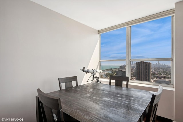 dining room featuring floor to ceiling windows and a city view