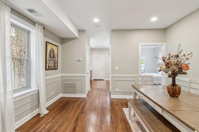 5140 N Albany Ave Unit 1, Chicago, IL 60625 - corridor featuring a decorative wall, dark wood-style flooring, a wainscoted wall, and recessed lighting