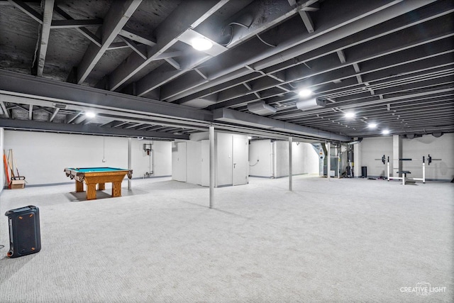 finished below grade area with pool table and carpet flooring