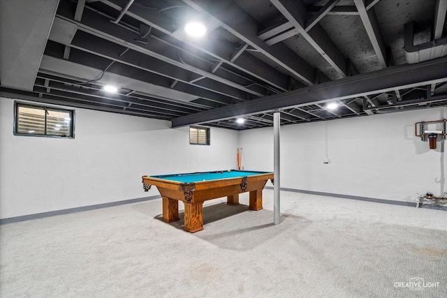 game room featuring pool table, carpet flooring, and baseboards