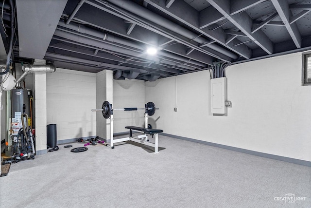 exercise area with electric panel, gas water heater, and carpet floors