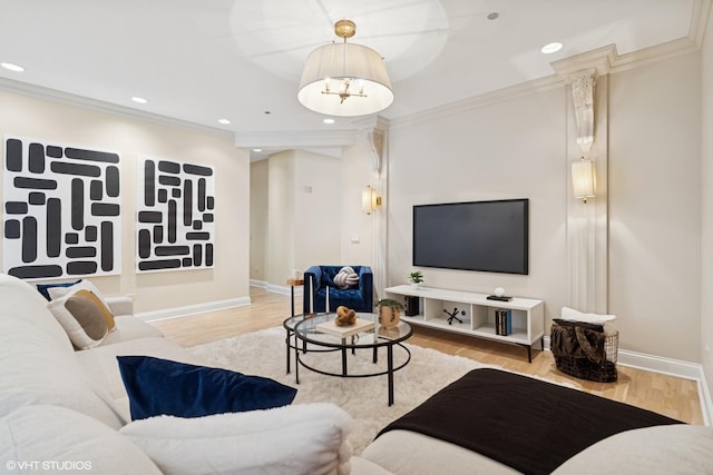 333 N Canal St Unit 2201, Chicago, IL 60606 - living room featuring recessed lighting, wood finished floors, ornamental molding, and a chandelier