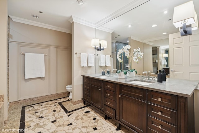333 N Canal St Unit 2201, Chicago, IL 60606 - full bathroom featuring inlaid floor details, double vanity, ornamental molding, and recessed lighting