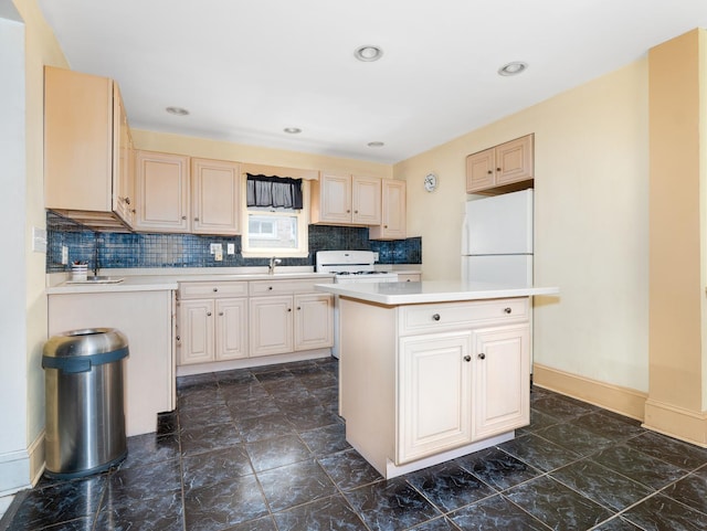 5803 N Kolmar Ave, Chicago, IL 60646 - kitchen featuring white appliances, light countertops, a sink, and a kitchen island