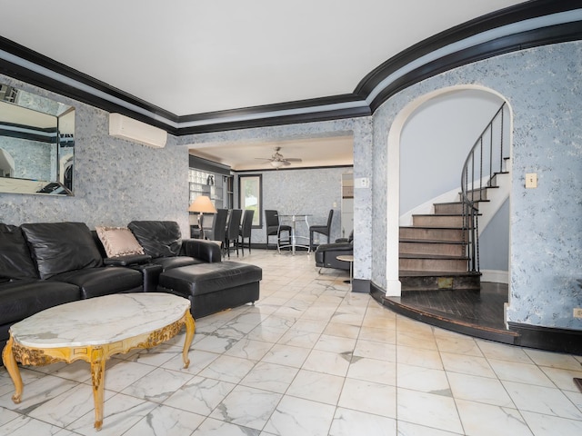 5803 N Kolmar Ave, Chicago, IL 60646 - living area with crown molding, a wall unit AC, stairs, a ceiling fan, and baseboards