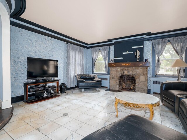 5803 N Kolmar Ave, Chicago, IL 60646 - living area featuring healthy amount of natural light, ornamental molding, a stone fireplace, marble finish floors, and radiator heating unit