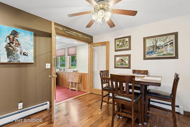 5720 Dunham Rd, Downers Grove, IL 60516 - dining room featuring a baseboard heating unit, baseboard heating, wood finished floors, and ceiling fan