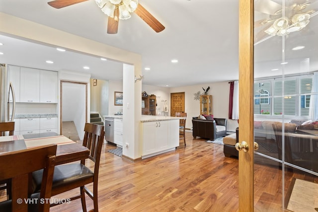 5720 Dunham Rd, Downers Grove, IL 60516 - dining space with ceiling fan, light wood-style flooring, and recessed lighting