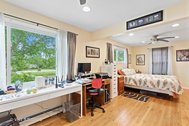 5720 Dunham Rd, Downers Grove, IL 60516 - bedroom with light wood-type flooring, an office area, recessed lighting, a baseboard radiator, and a ceiling fan