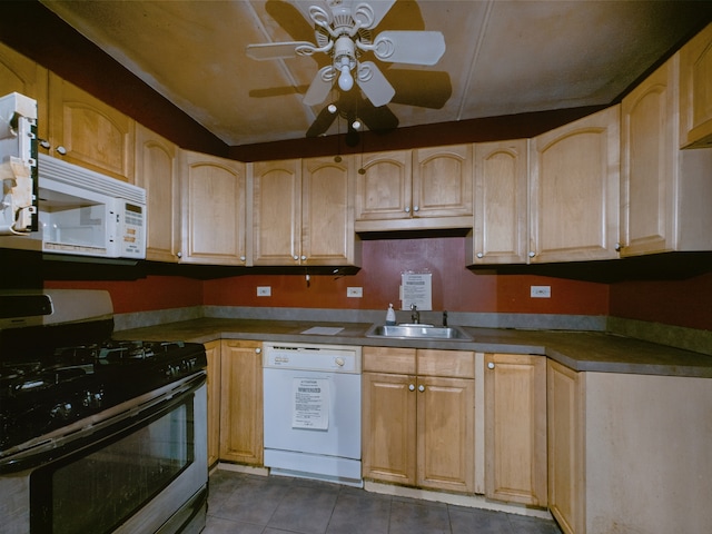 914 N Austin Blvd Unit A5, Oak Park, IL 60302 - kitchen featuring white appliances, a sink, a ceiling fan, dark tile patterned flooring, and light brown cabinetry