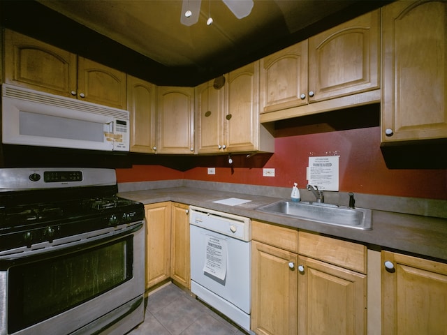 914 N Austin Blvd Unit A5, Oak Park, IL 60302 - kitchen with white appliances, a sink, light tile patterned floors, a ceiling fan, and light brown cabinets