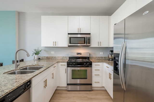 kitchen featuring stainless steel appliances, a sink, light wood finished floors, white cabinetry, and light stone countertops