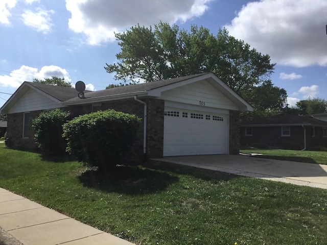ranch-style house with an attached garage, a front yard, brick siding, and concrete driveway