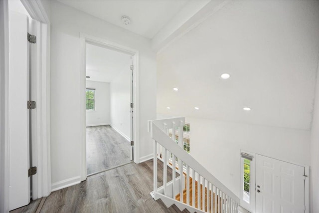 1242 N Knollwood Dr Unit 1242, Palatine, IL 60067 - hall with an upstairs landing, wood finished floors, baseboards, and recessed lighting