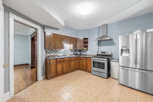 7629 S Green St, Chicago, IL 60620 - kitchen with stainless steel appliances, wall chimney exhaust hood, brown cabinetry, a sink, and decorative backsplash
