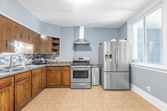 7629 S Green St, Chicago, IL 60620 - kitchen featuring stainless steel appliances, wall chimney range hood, a sink, open shelves, and brown cabinets