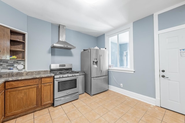 7629 S Green St, Chicago, IL 60620 - kitchen with stainless steel appliances, wall chimney range hood, open shelves, brown cabinets, and light tile patterned flooring