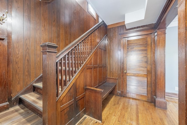 7629 S Green St, Chicago, IL 60620 - stairs with wood finished floors, wooden walls, and baseboards