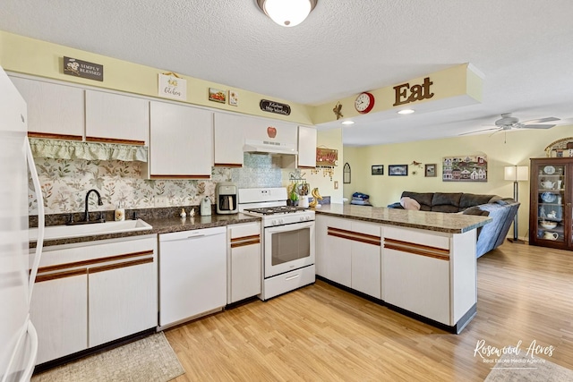 857 Edwin Dr, Bourbonnais, IL 60914 - kitchen featuring white appliances, a peninsula, light wood-type flooring, under cabinet range hood, and a textured ceiling