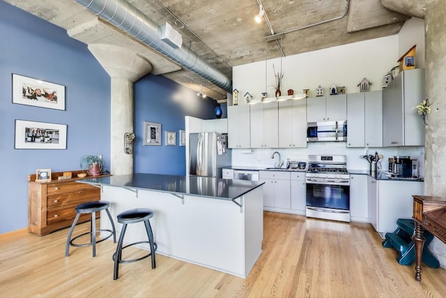 1800 W Roscoe St Unit 432, Chicago, IL 60657 - kitchen featuring appliances with stainless steel finishes, a sink, dark countertops, light wood-style flooring, and a towering ceiling