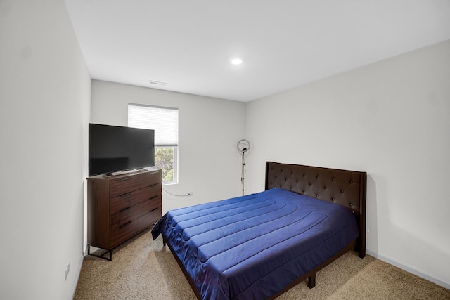 bedroom with carpet floors, recessed lighting, and baseboards