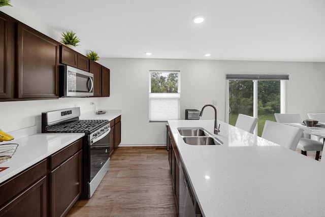 kitchen with stainless steel appliances, a sink, light wood finished floors, plenty of natural light, and recessed lighting