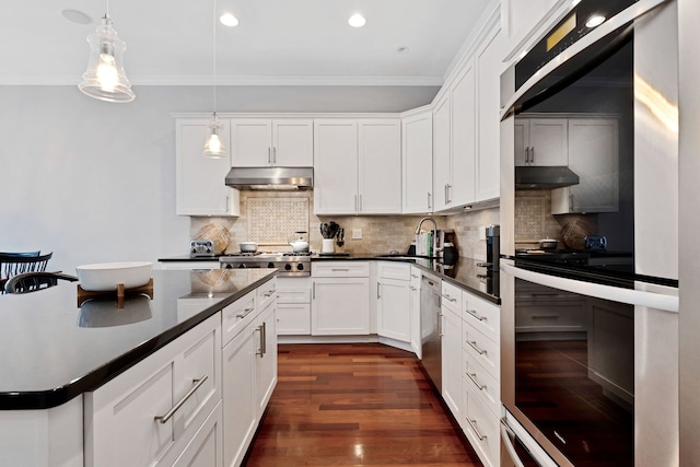 1359 W Fullerton Ave Unit 2E, Chicago, IL 60614 - kitchen with under cabinet range hood, dark countertops, a sink, appliances with stainless steel finishes, and crown molding