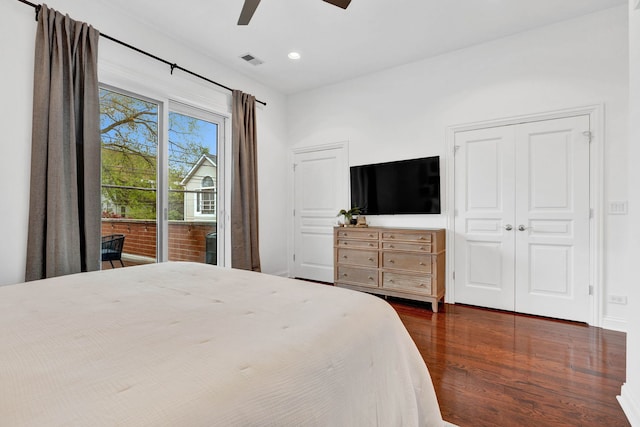 1359 W Fullerton Ave Unit 2E, Chicago, IL 60614 - bedroom featuring dark wood-type flooring, access to outside, recessed lighting, ceiling fan, and baseboards