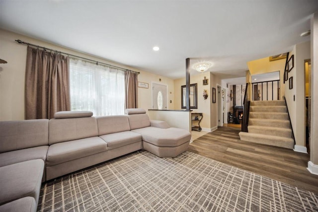 2121 Pepperwood Ln Unit 0, Glendale Heights, IL 60139 - living area featuring baseboards, wood finished floors, stairway, and recessed lighting