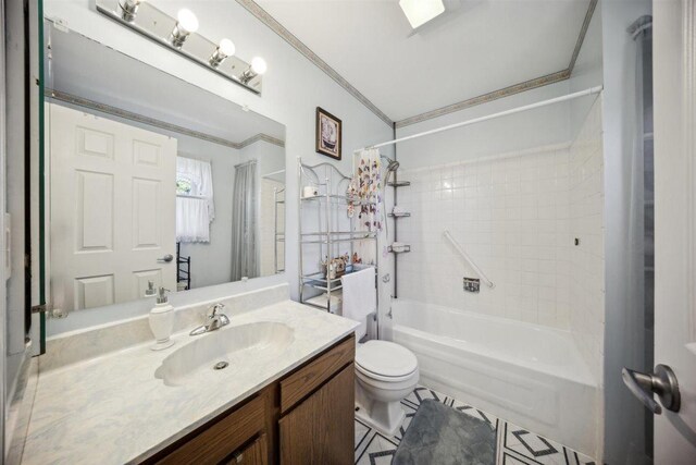 2121 Pepperwood Ln Unit 0, Glendale Heights, IL 60139 - bathroom with toilet, shower / bathtub combination with curtain, ornamental molding, vanity, and tile patterned floors