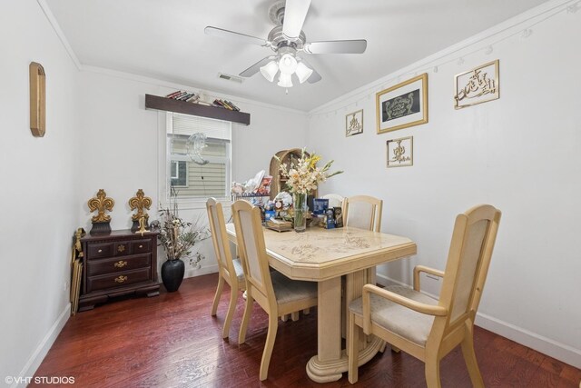5351 N Kimball Ave, Chicago, IL 60625 - dining area featuring a ceiling fan, ornamental molding, dark wood-style floors, and baseboards