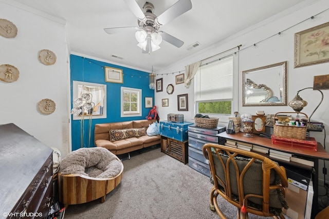 5351 N Kimball Ave, Chicago, IL 60625 - living area with crown molding, carpet, healthy amount of natural light, and ceiling fan